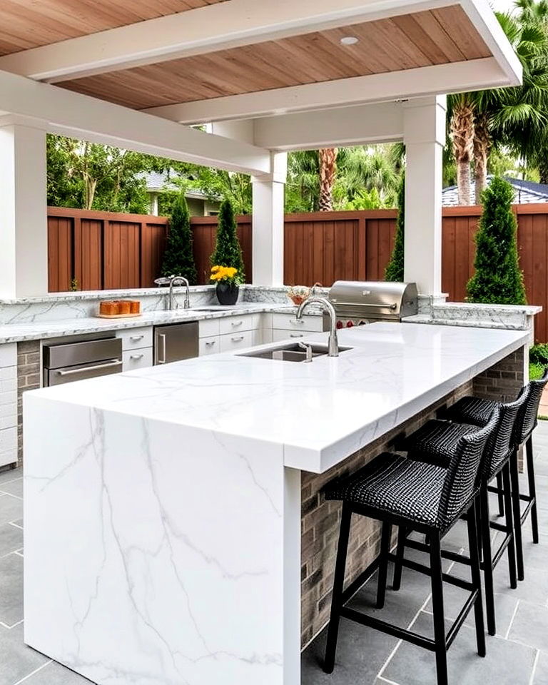 contemporary kitchen with built in waterfall countertop