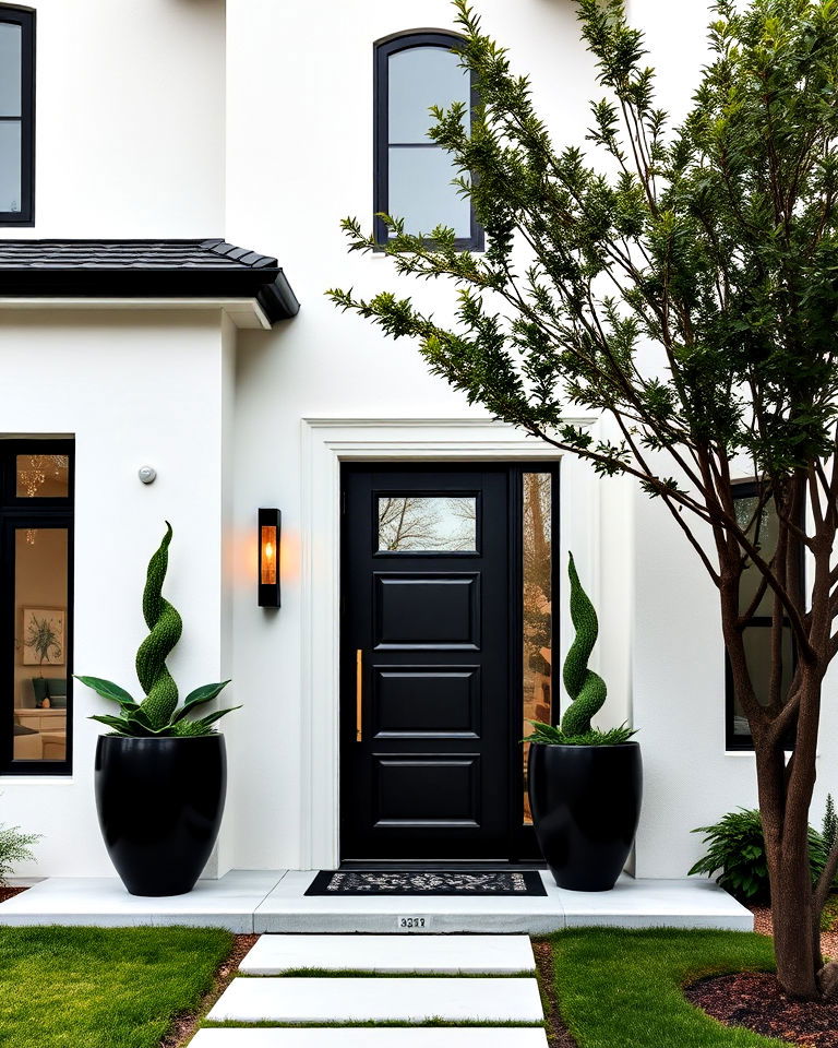 contemporary luxury white house with sleek black doors