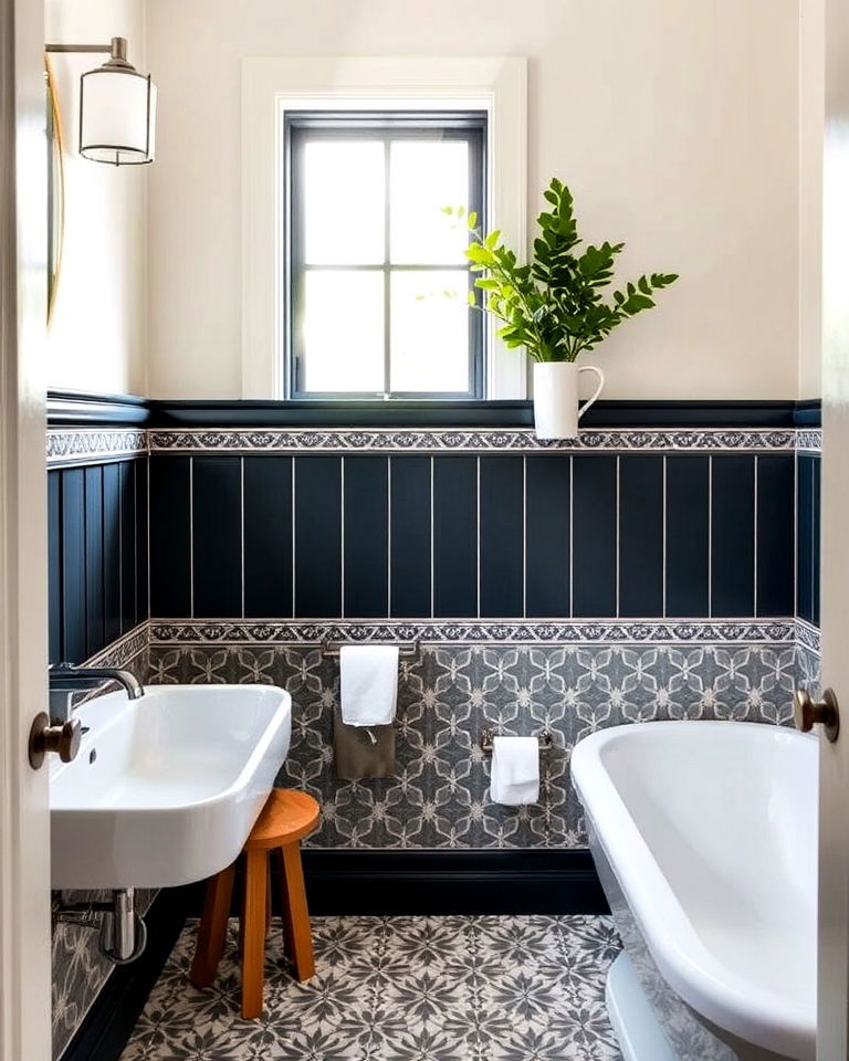 contrasting chair rail with patterned tile wall below
