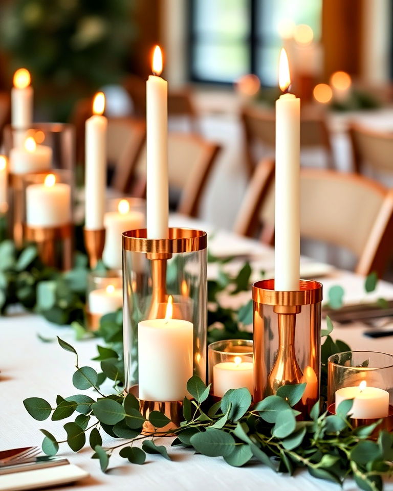 copper candle holders with greenery