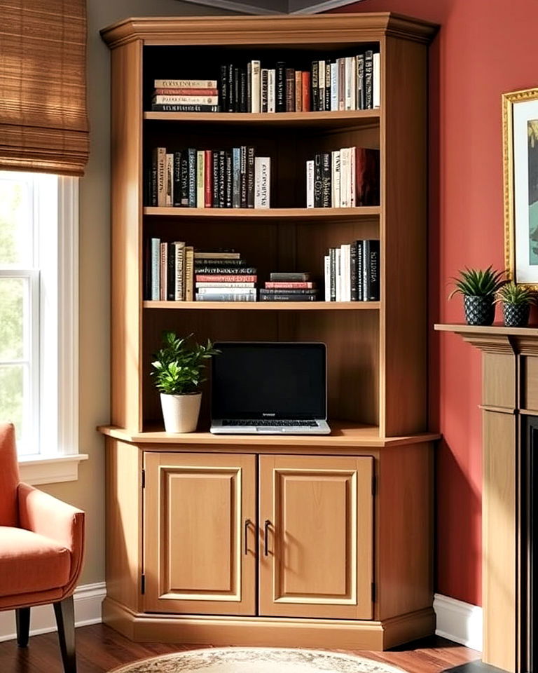 corner bookcase with cabinets at the base