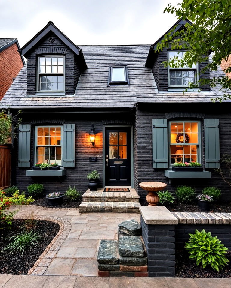 cottage inspired aesthetic black brick exterior house