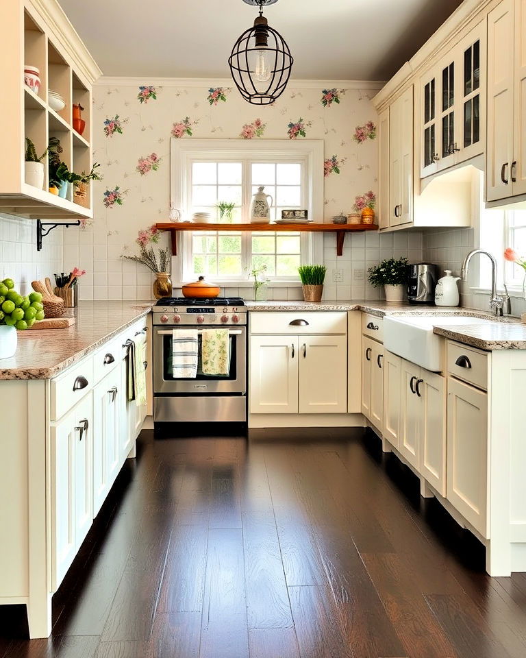 cottage inspired kitchen with dark floors and floral accents