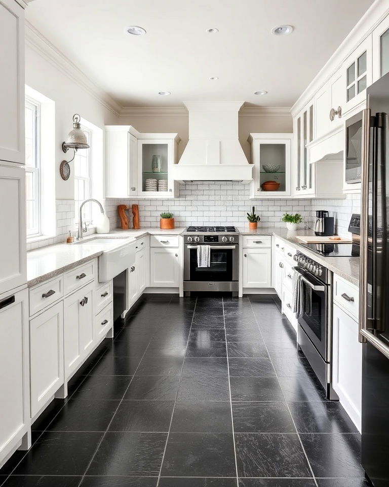 country style black quarry tile kitchen flooring