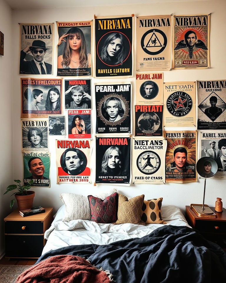 cover walls with vintage band posters