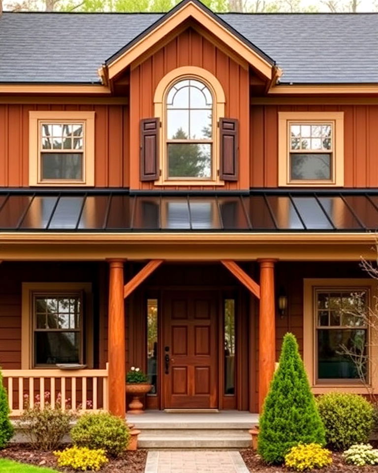 cozy and warm brown exterior with black roof