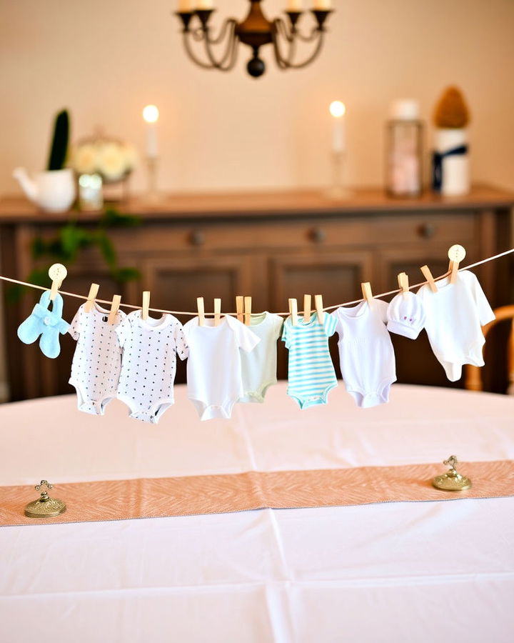 a table runner centrepiece made of mini baby rompers. 