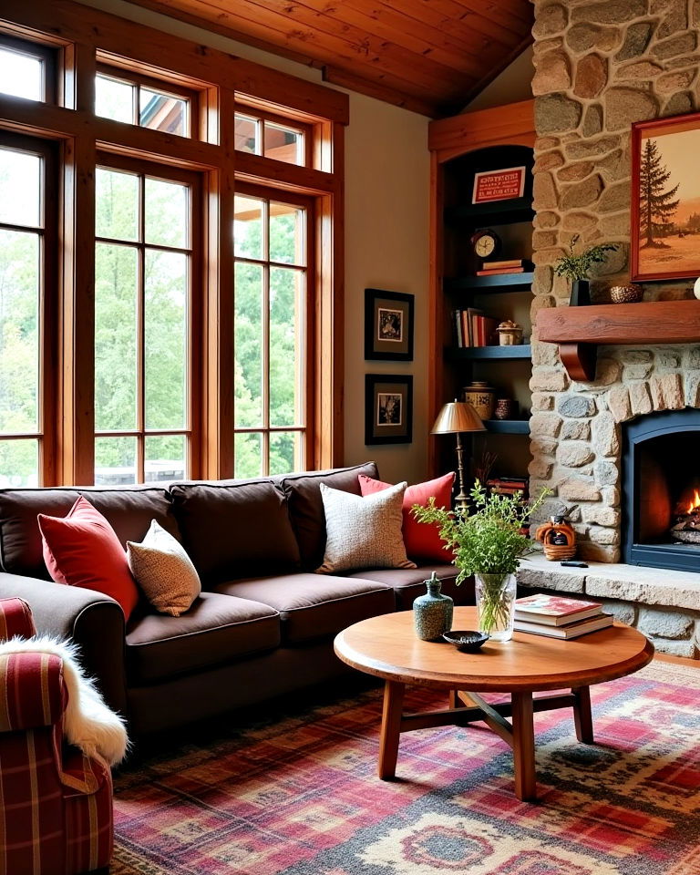 cozy cabin dark brown couch living room