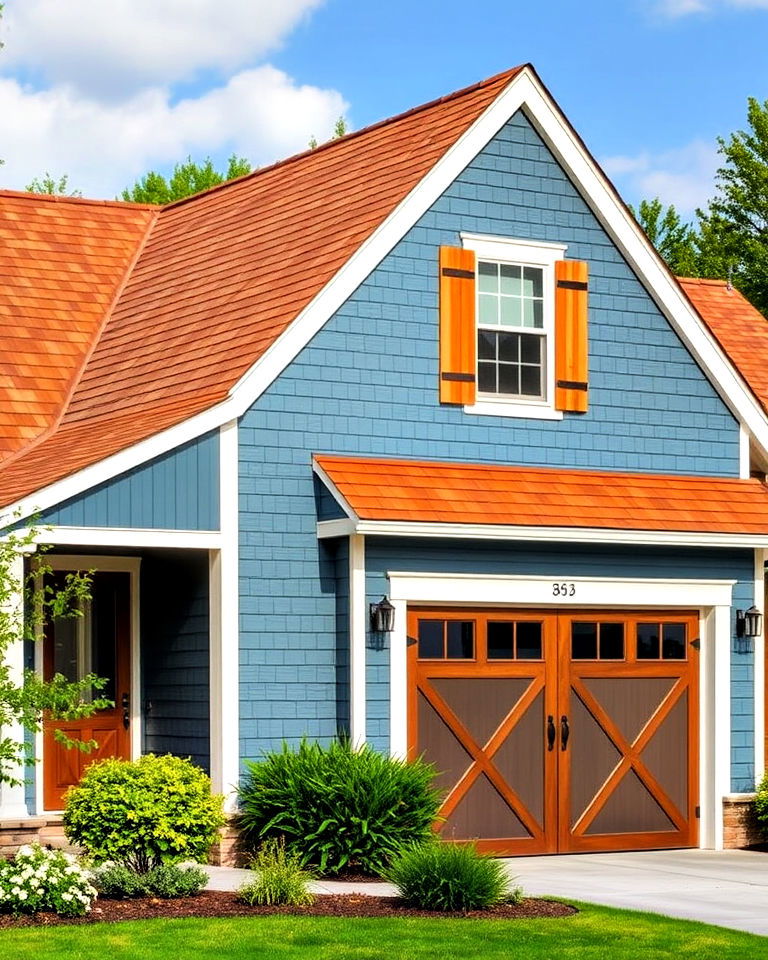 cozy denim blue siding with a cedar brown roof