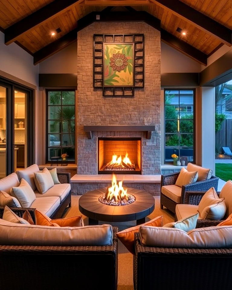 cozy fireplace centerpiece of a california room