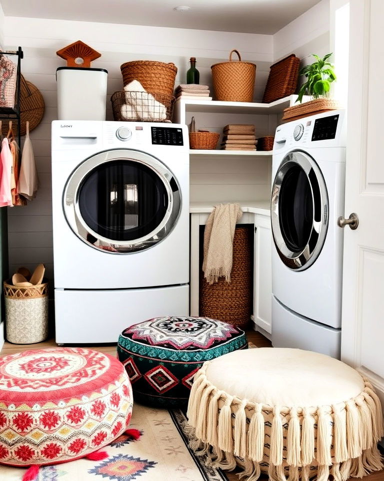 cozy floor poufs for boho laundry room