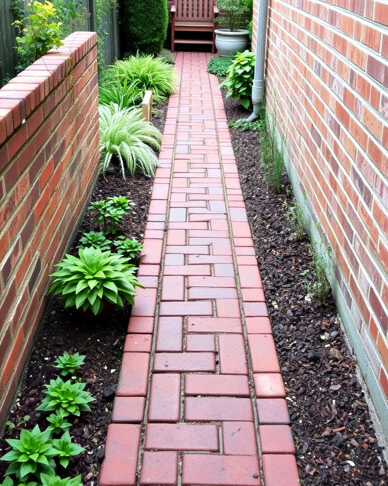 cozy narrow brick walkway for side gardens