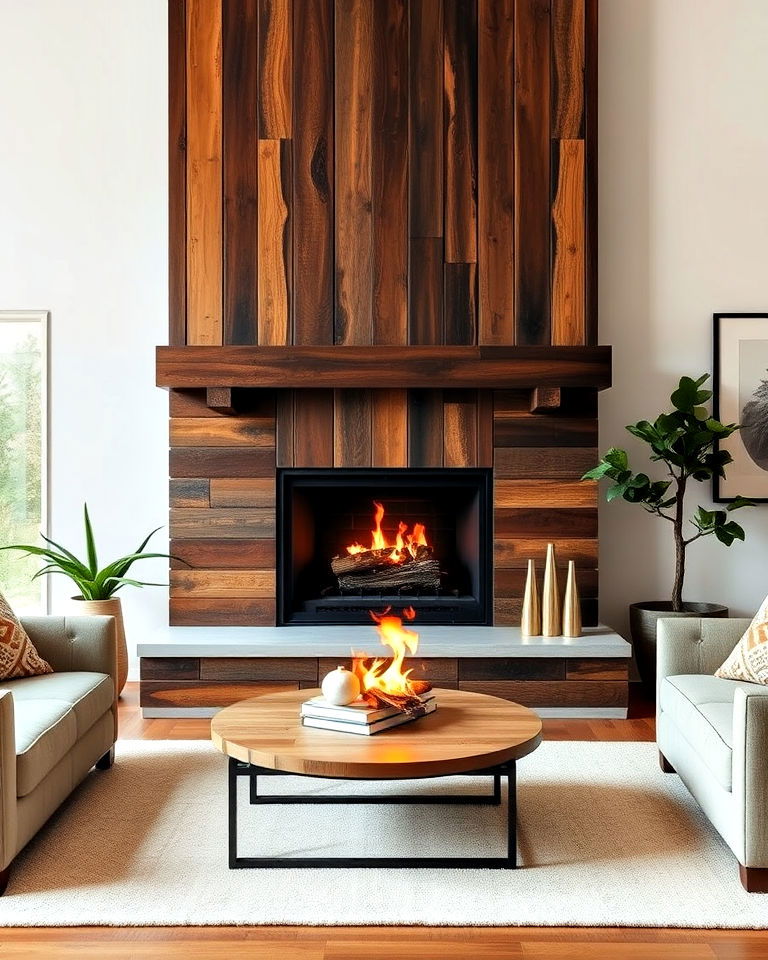 cozy natural materials fireplace