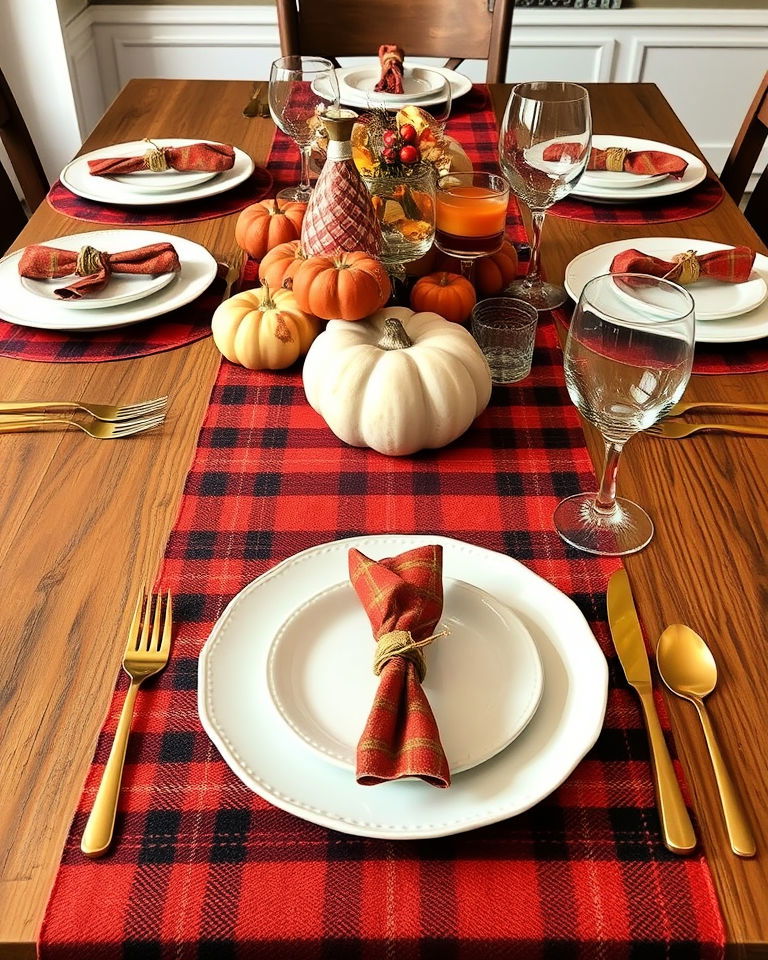 cozy plaid and warm colors thanksgiving table