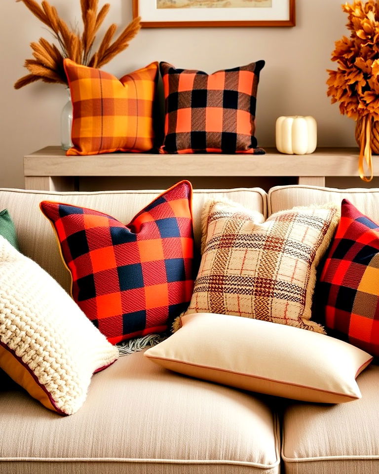 cozy plaid throw pillows on the couch