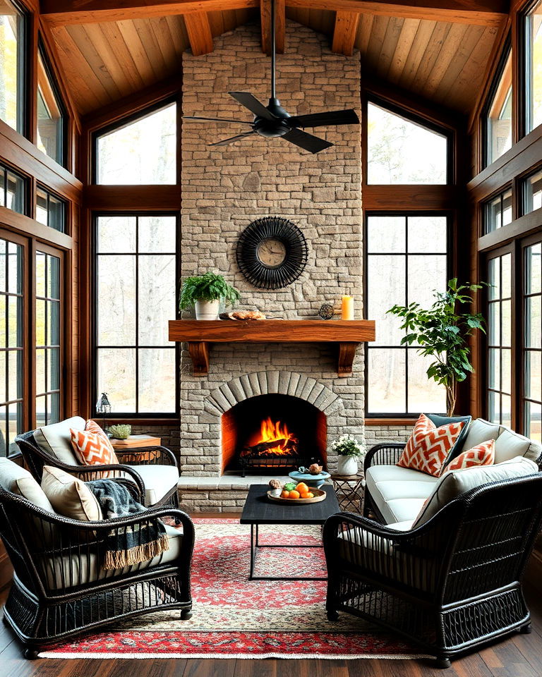 cozy rustic sunroom fireplace