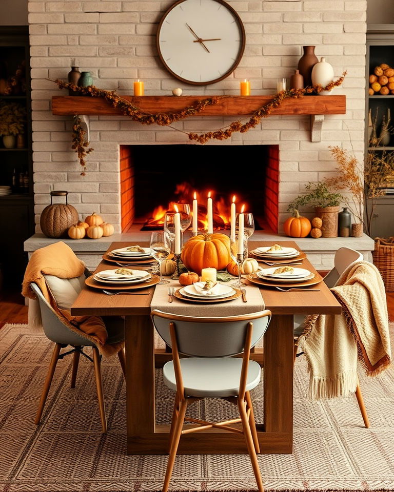 cozy thanksgiving table by the fireplace