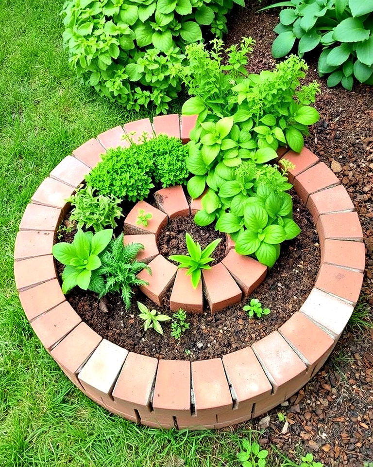 create a spiral shaped herb garden with brick