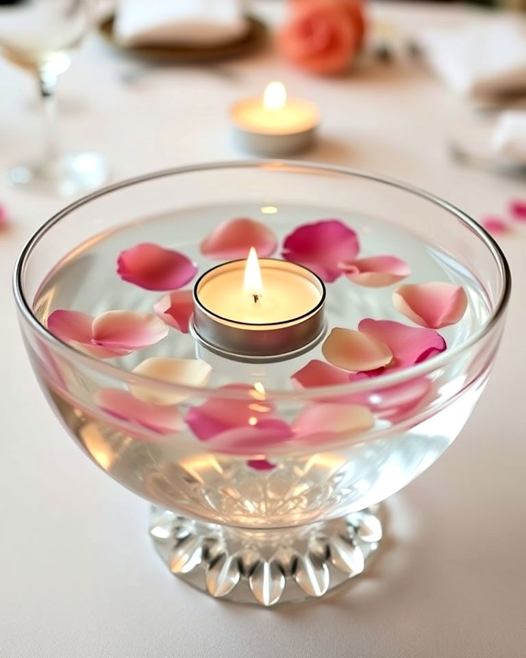 crystal bowl with floating candle and flower petals