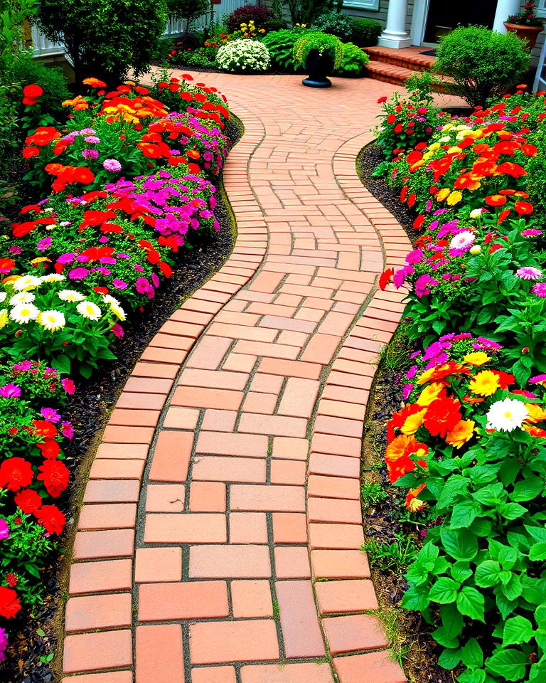 curved brick walkway with flower borders