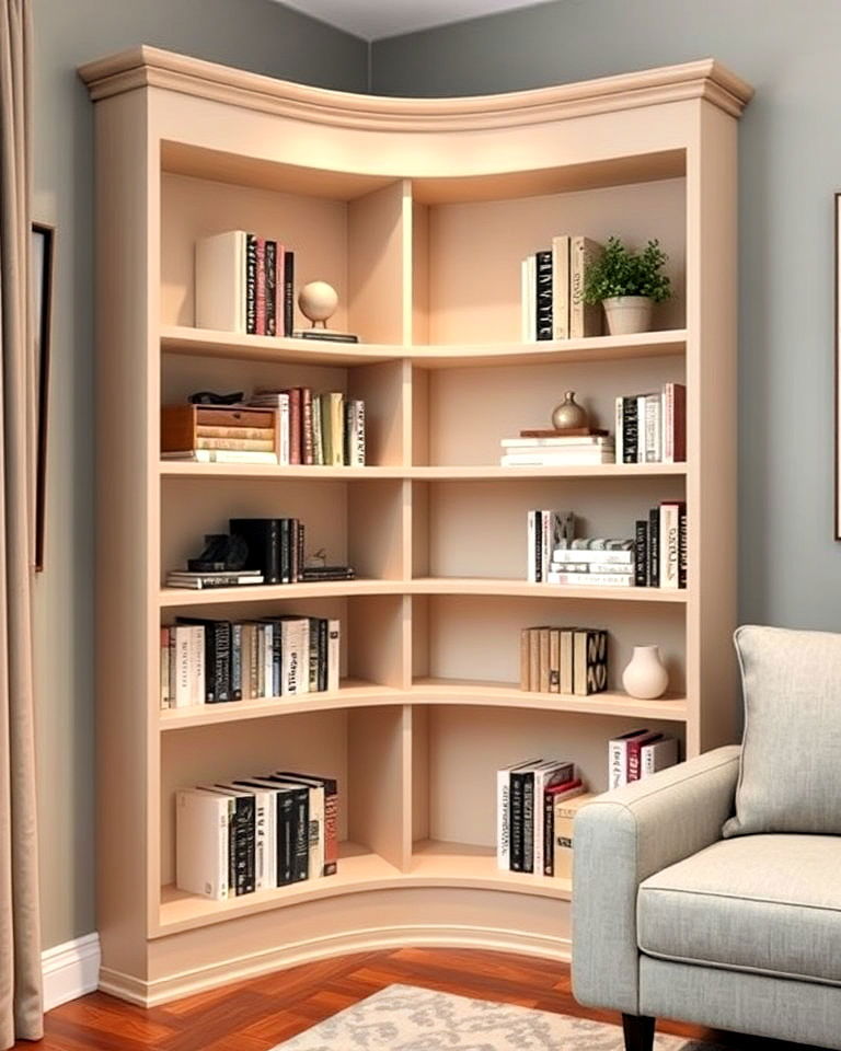 curved corner bookshelf for an elegant look