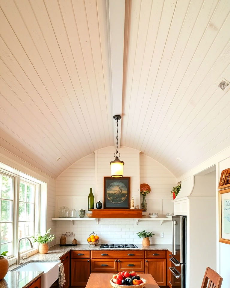 curved vaulted ceiling with beadboard to add charm