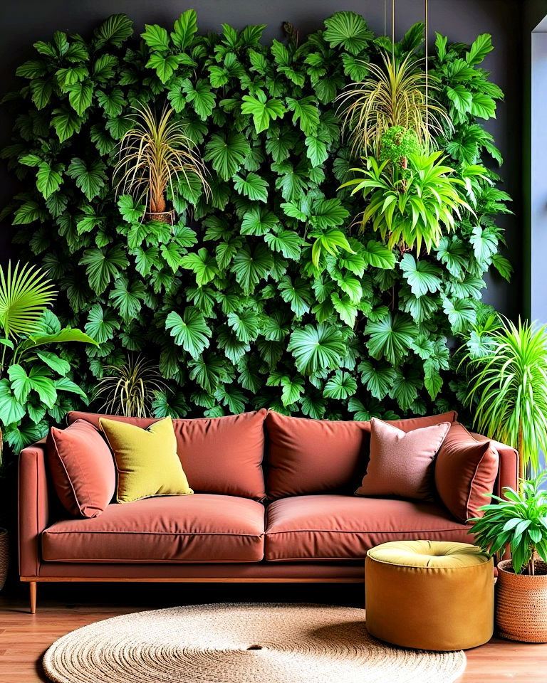 dark brown couch with botanical escape