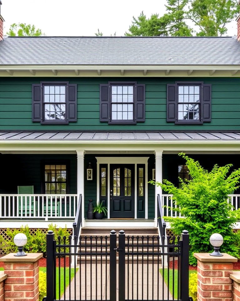 dark forest green farmhouse exterior with black accents