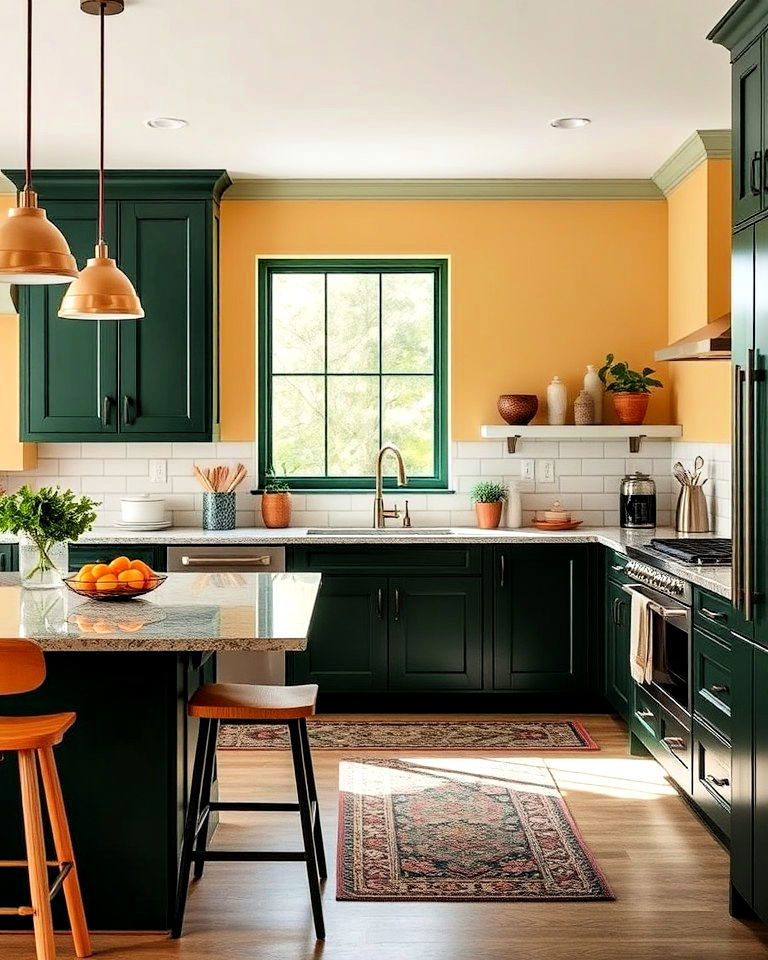 dark forest green kitchen cabinets with soft yellow walls