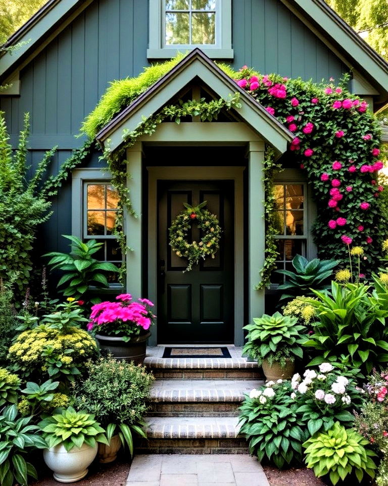 dark green exterior with garden focused design
