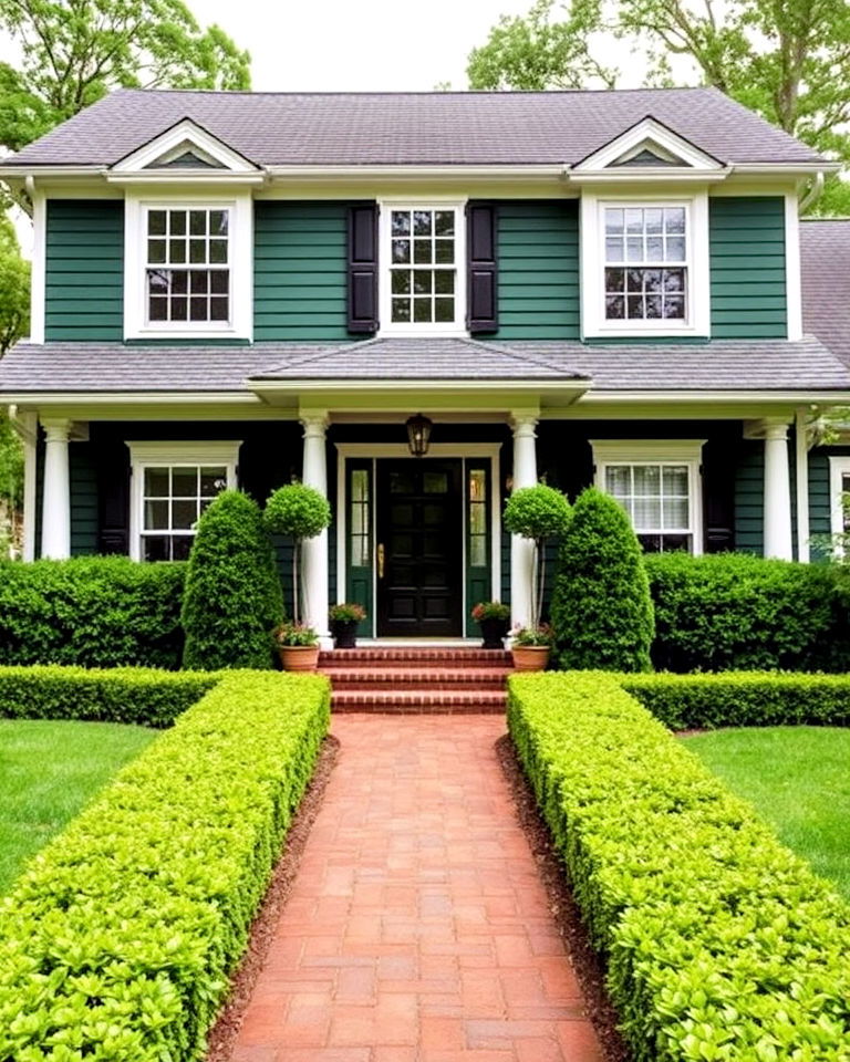 dark green exterior with symmetrical landscaping