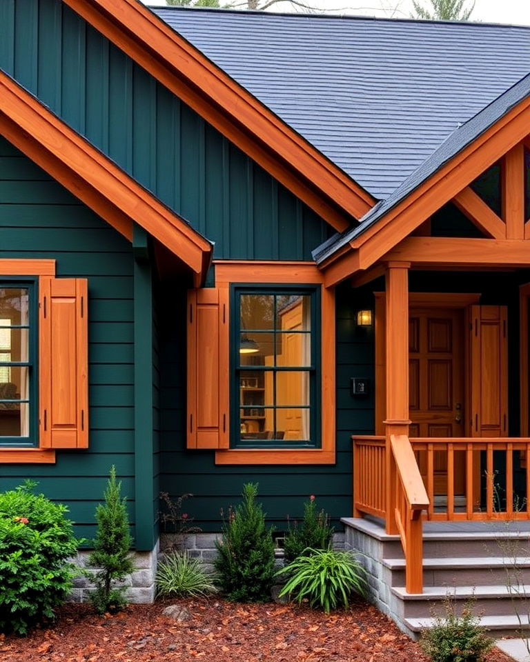 dark green exterior with warm wooden accents