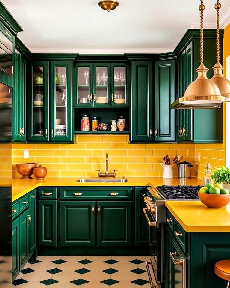 dark green kitchen cabinets with yellow tiled countertops