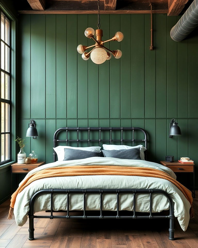 dark green paneling with industrial decor