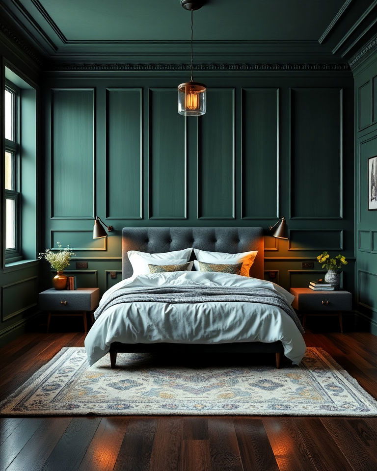 dark green panels with moody lighting for bedroom