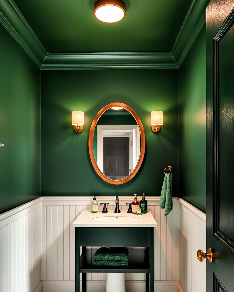 dark green powder room ceiling with neutral walls