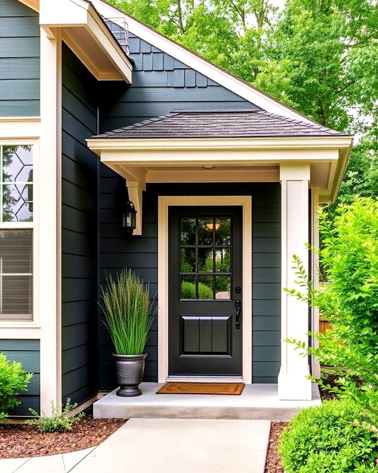 dark green shiplap exterior siding with neutral trims