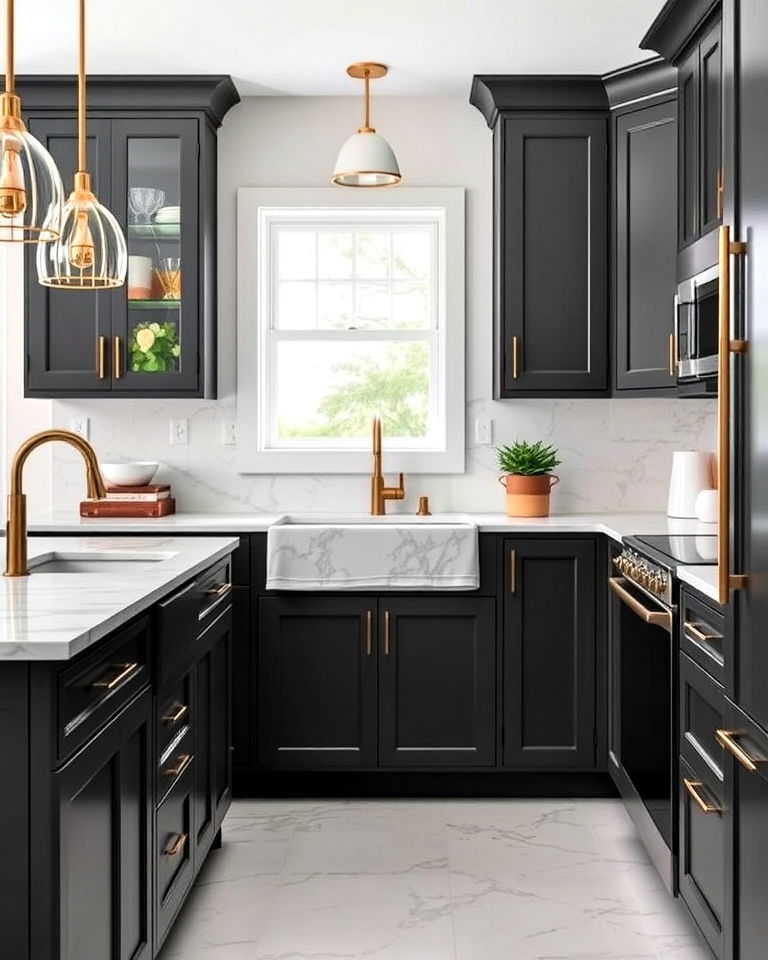 dark grey kitchen cabinets with white marble countertops