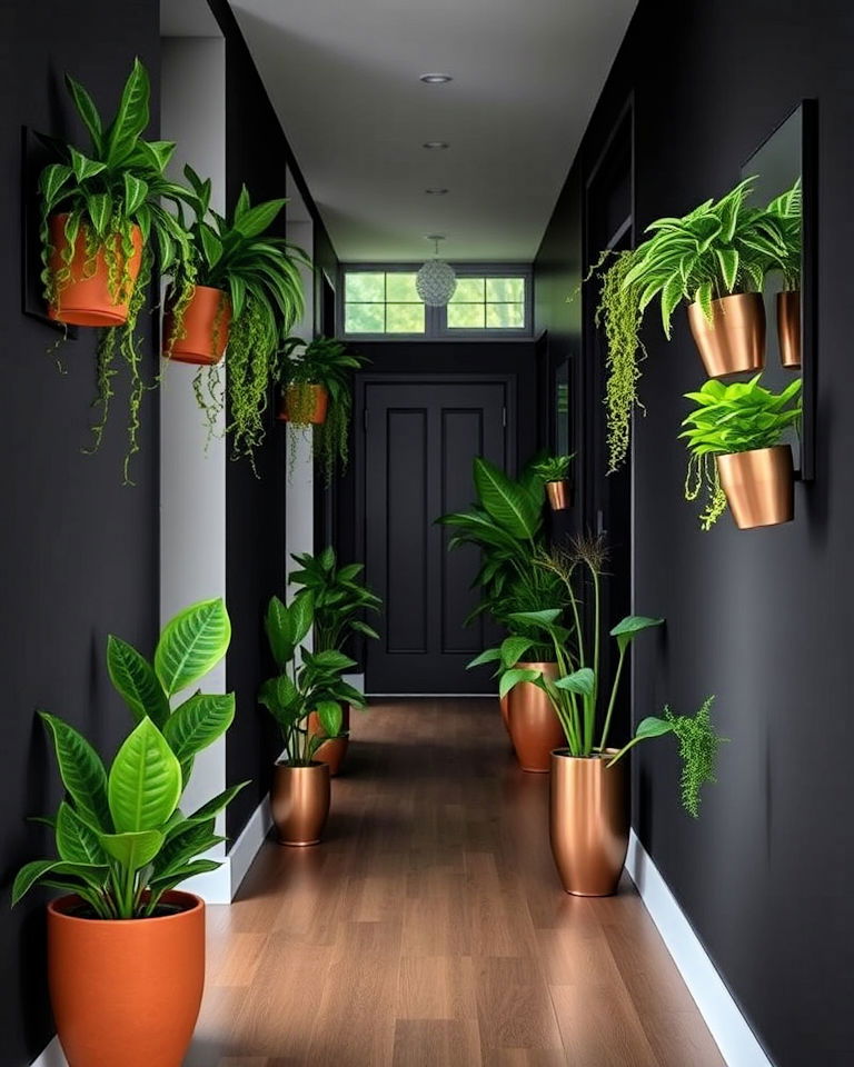 dark hallway greenery with indoor plants