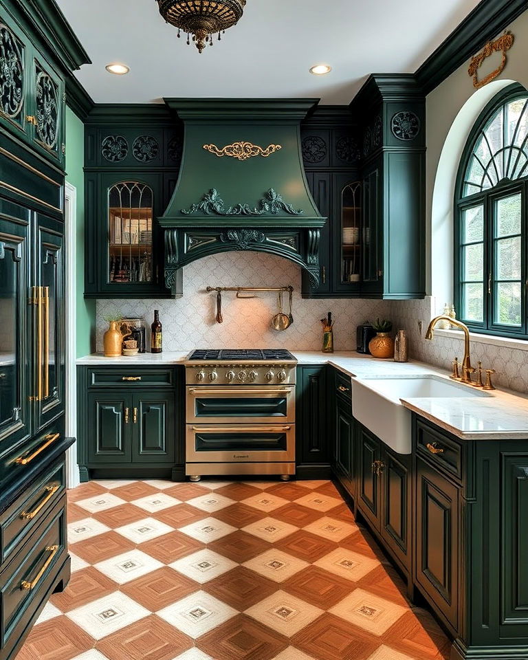 dark kitchen cabinetry with ornate detailing