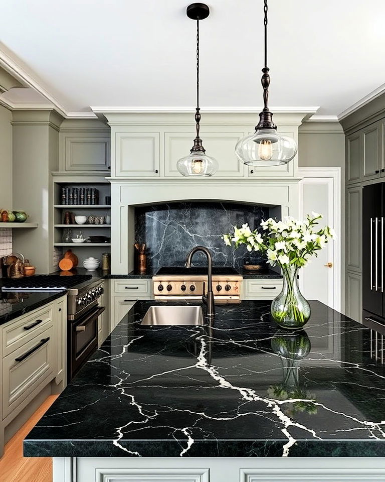 dark marble or granite countertops for gothic kitchen