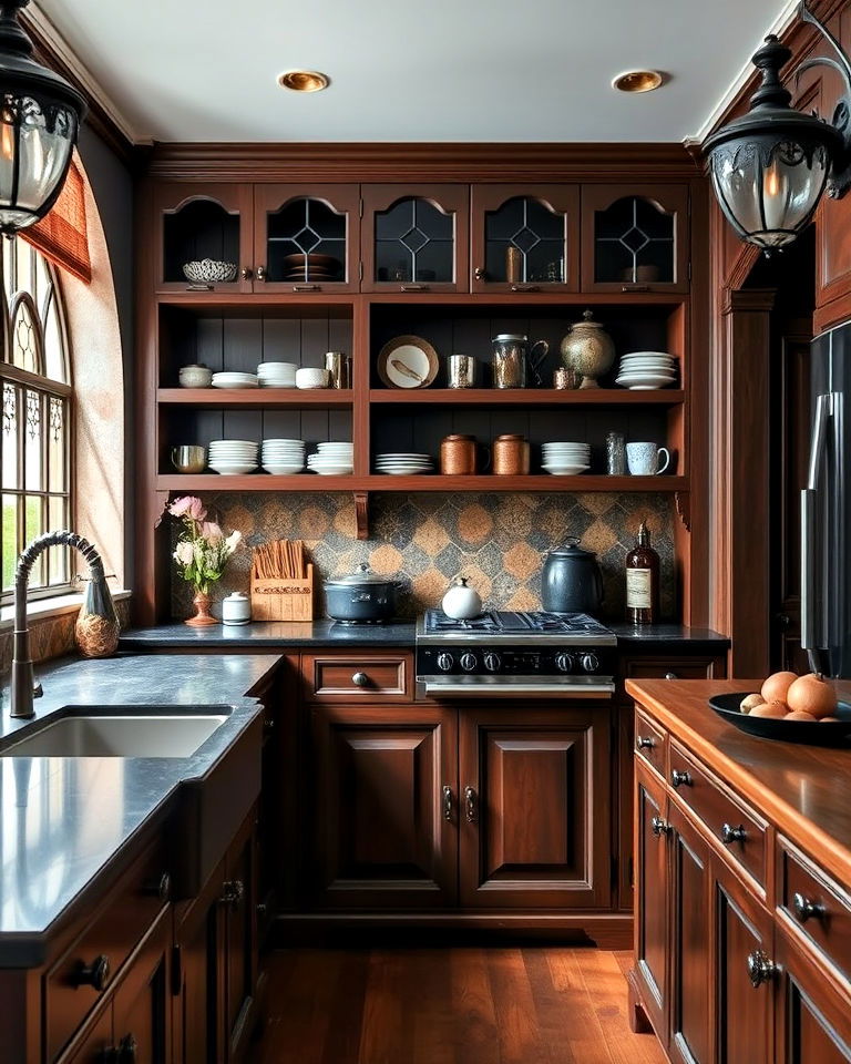 dark wood cabinets and shelving to a gothic kitchen