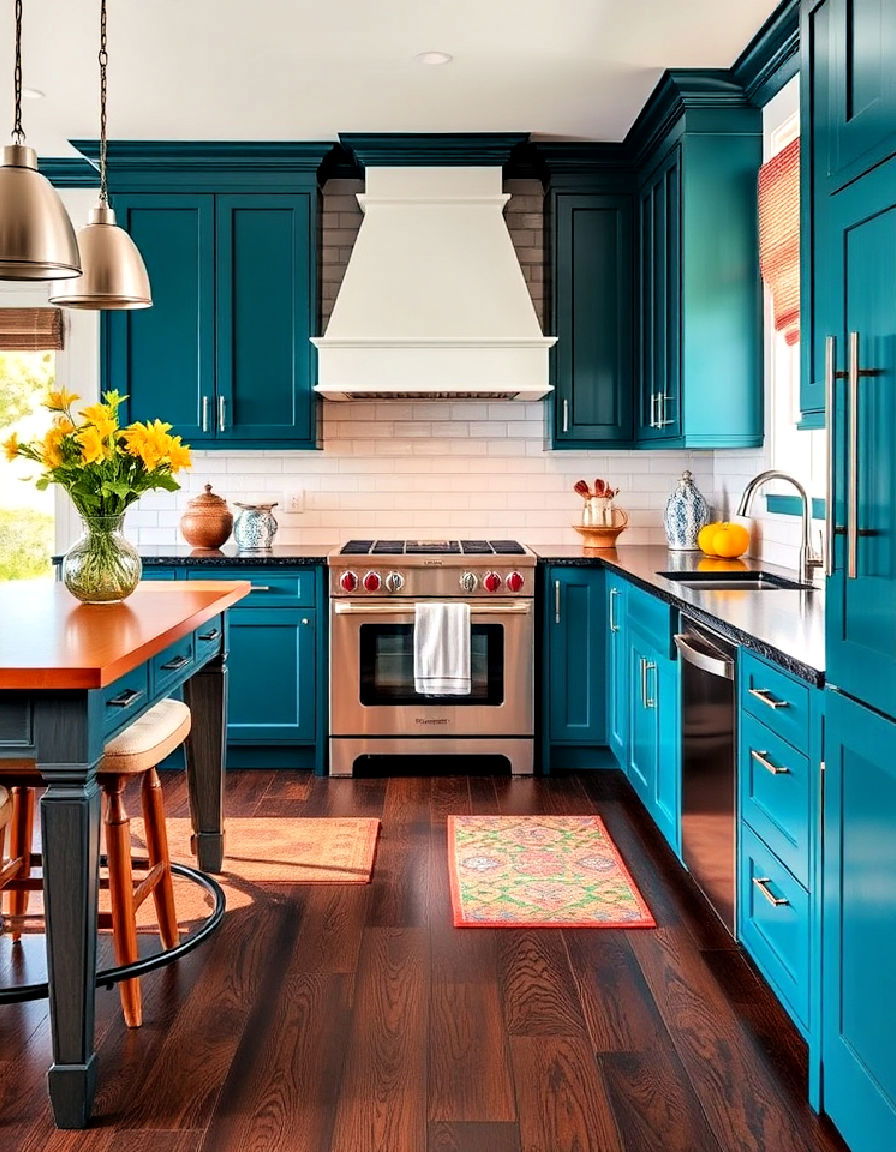 dark wood floor with bold color accents kitchen