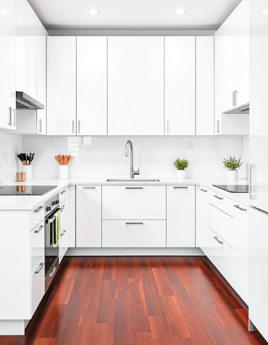 dark wood floor with glossy white surfaces for a clean look