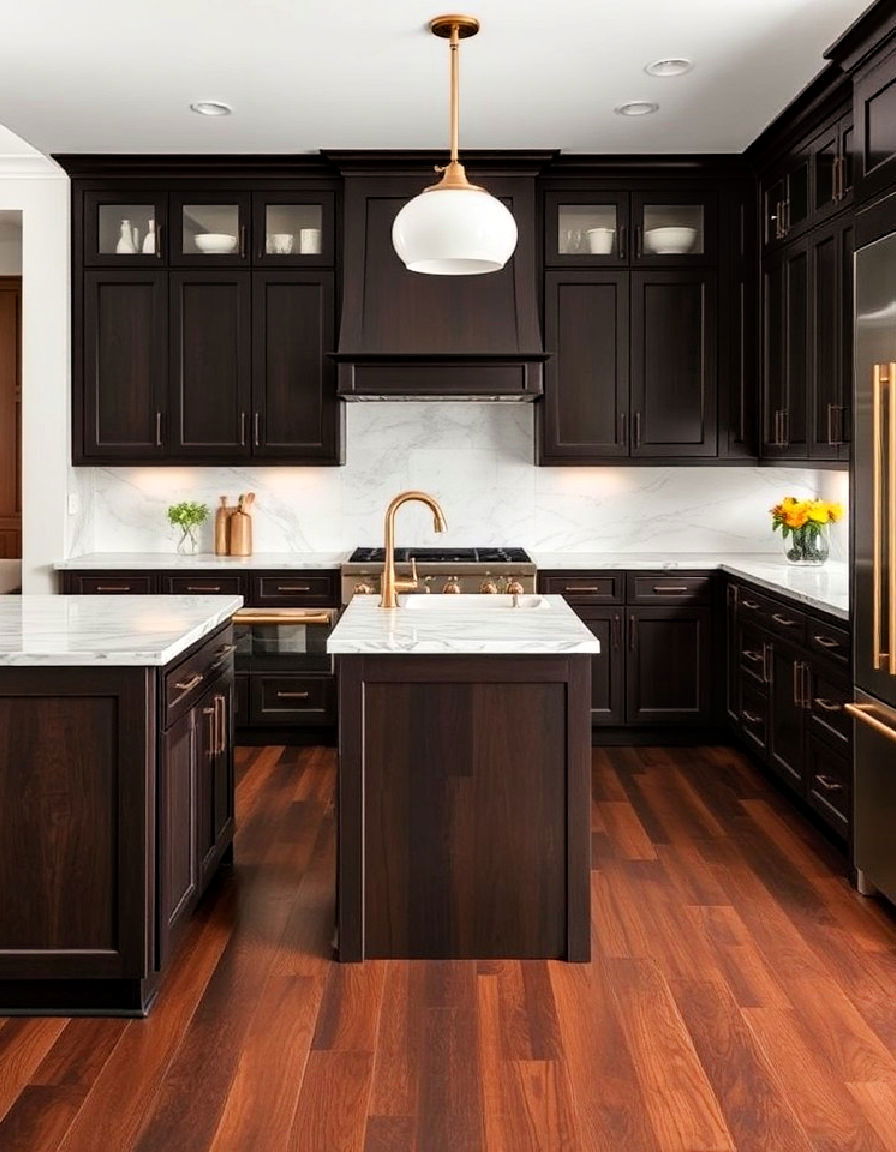 dark wood floor with marble countertops