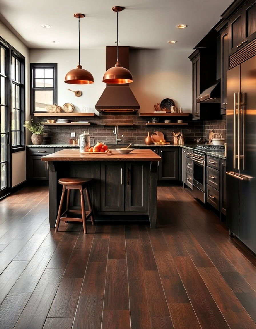 dark wood floors with copper accents
