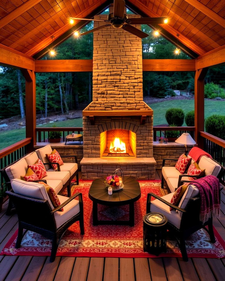 deck with outdoor fireplace