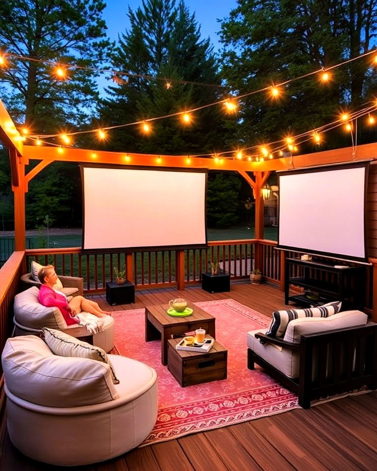 deck with outdoor movie setup