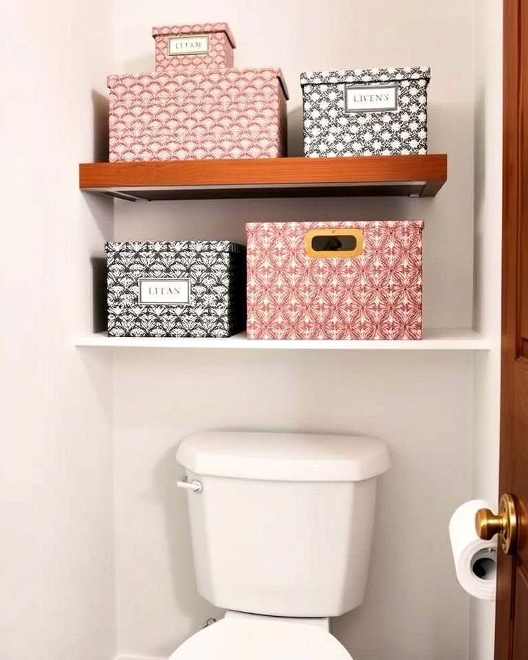 decorative boxes on shelves above the toilet