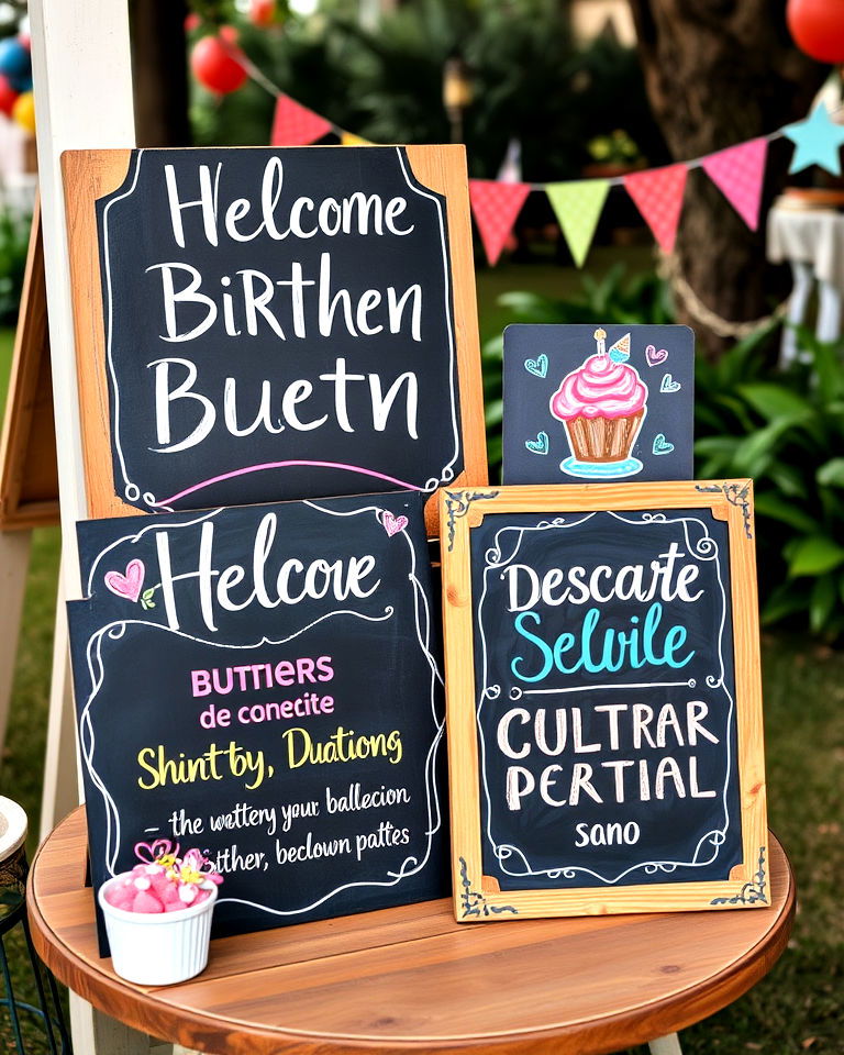 decorative chalkboard signs placed around the party venue
